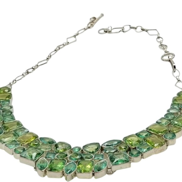 Statement Green Glass Stone Bib Necklace Silver Tone Chunky Collar Boho Jewelry - Picture 8 of 16